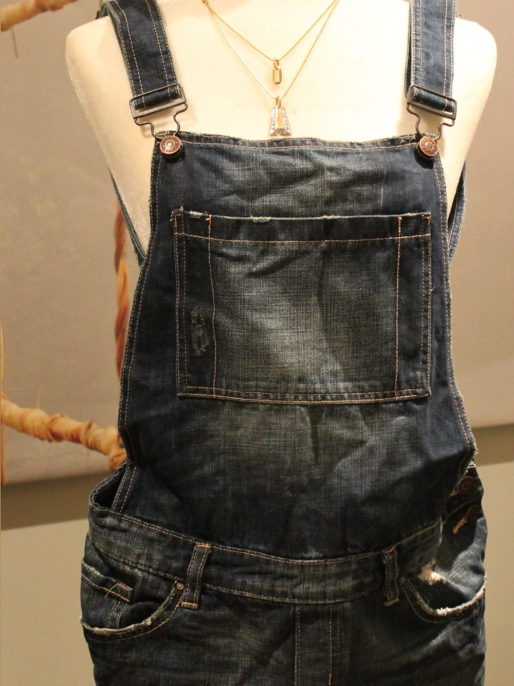 Denim Short Overalls - Distressed Blue
